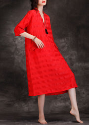Handgemachte Tuniken mit V-Ausschnitt aus Patchwork-Leinengemisch in feiner Form, rot, Kunstkleider Sommer