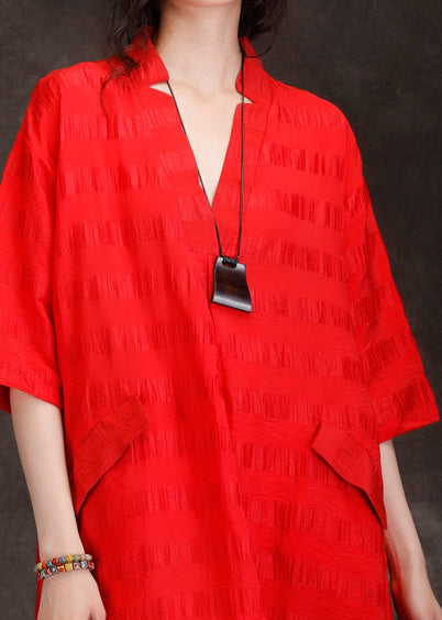 Handmade v neck patchwork linen blended Tunics fine Shape red Art Dresses Summer