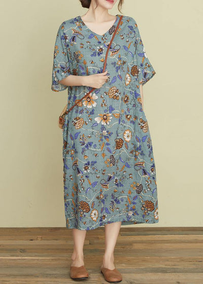 Handmade v neck pockets summer Wardrobes Sewing gray print Robe Dresses - SooLinen