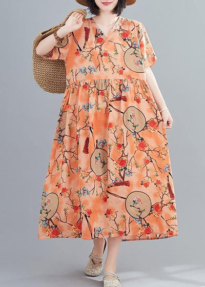 Handmade v neck short sleeve summer orange print Traveling Dress - SooLinen