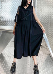 Handmade v neck sleeveless summer clothes For Women Sewing black Dress - SooLinen