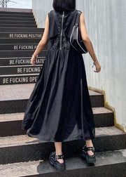 Handmade v neck sleeveless summer clothes For Women Sewing black Dress - SooLinen