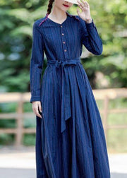 Handmade v neck tie waist spring clothes For Women linen dark blue striped Dresses - SooLinen