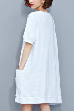 Handmade white Cotton Tunic plus size pattern o neck pockets oversized Summer Dresses