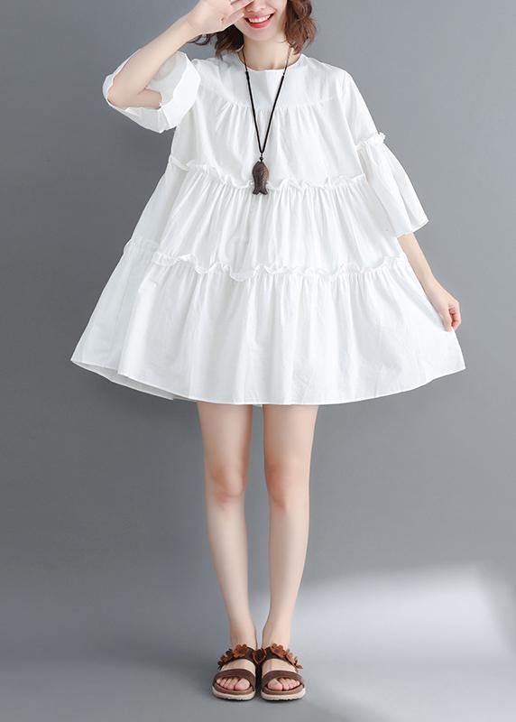 Handmade white Cotton quilting dresses o neck flare sleeve Cinched short summer Dresses - SooLinen