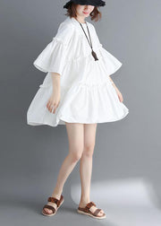 Handmade white Cotton quilting dresses o neck flare sleeve Cinched short summer Dresses - SooLinen