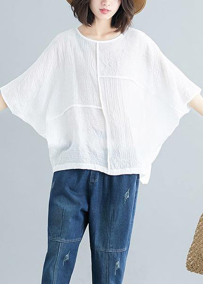 Handmade white cotton blended tunic top Casual Wardrobes o neck Batwing Sleeve patchwork baggy Summer shirt - SooLinen