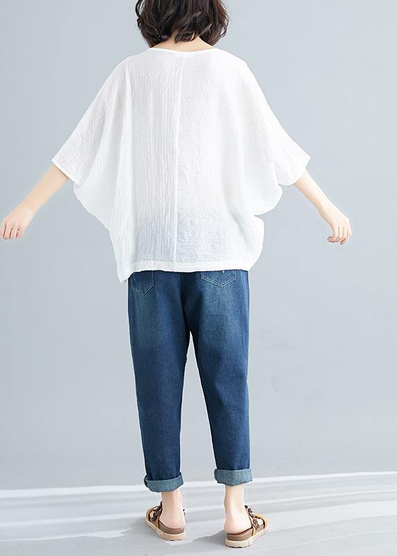 Handmade white cotton blended tunic top Casual Wardrobes o neck Batwing Sleeve patchwork baggy Summer shirt - SooLinen