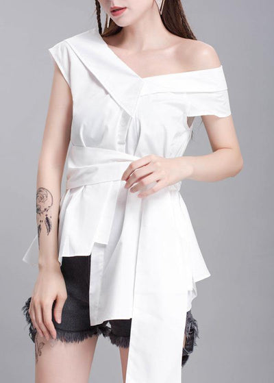 Handmade white cotton crane tops sleeveless box summer shirts - SooLinen