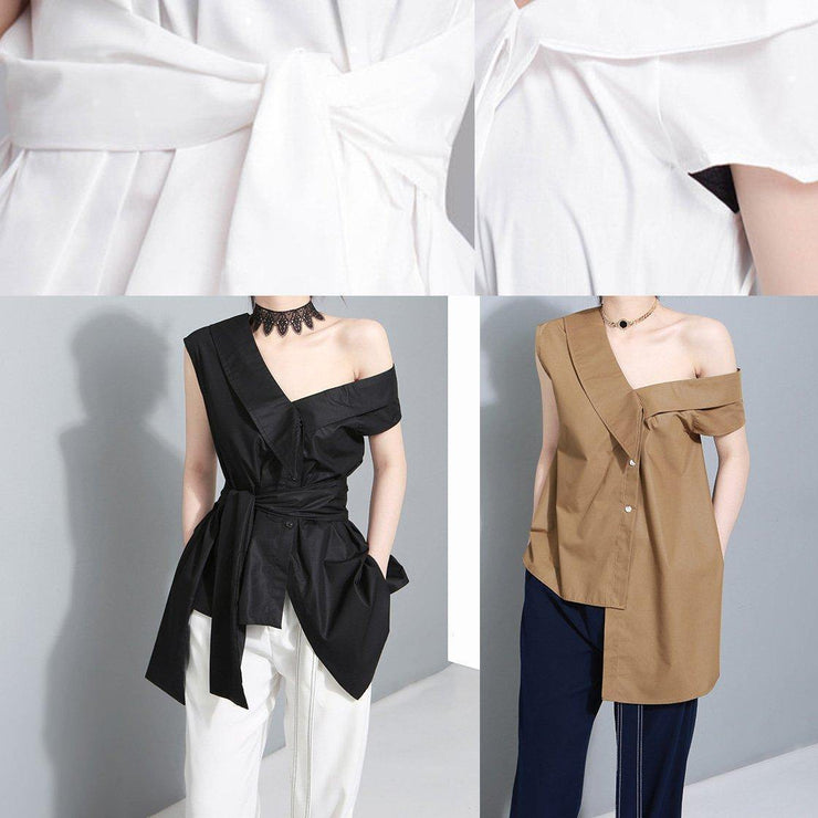 Handmade white cotton crane tops sleeveless box summer shirts - SooLinen