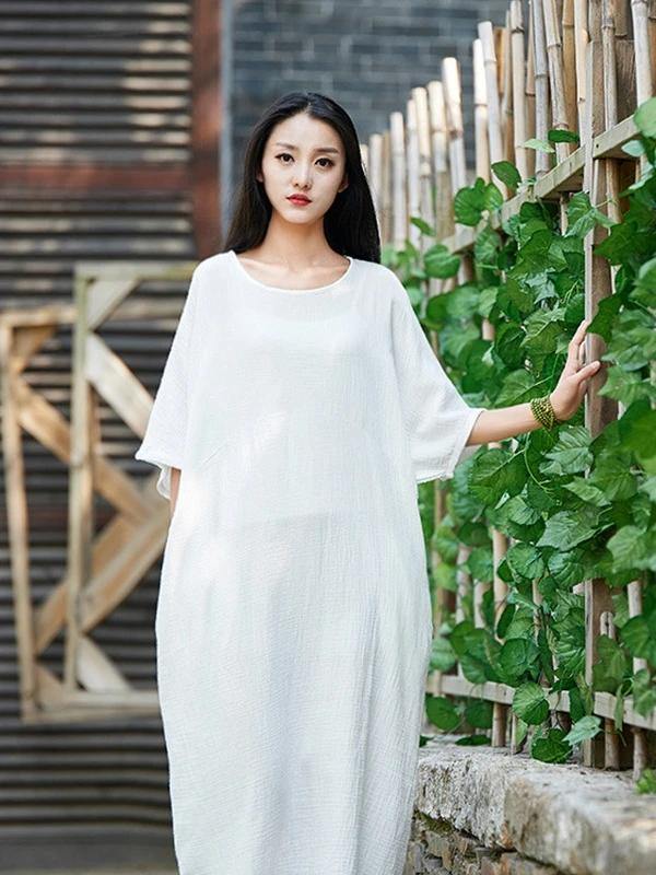 Handmade white cotton linen clothes For Women o neck half sleeve Maxi Dress - SooLinen