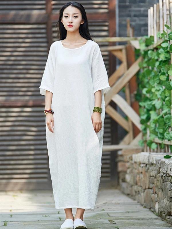 Handmade white cotton linen clothes For Women o neck half sleeve Maxi Dress - SooLinen