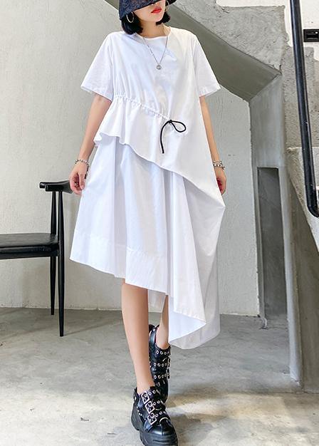 Handmade white cotton o neck drawstring Robe summer Dress - SooLinen