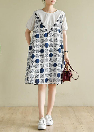 Handmade white dotted outfit o neck A Line summer Dress - SooLinen