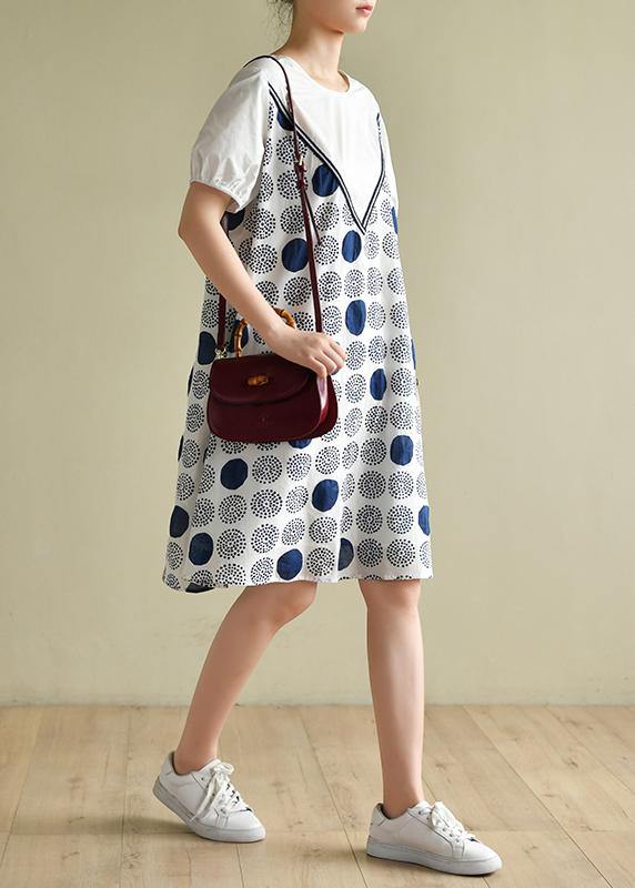 Handmade white dotted outfit o neck A Line summer Dress - SooLinen