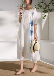 Handmade white print linen clothes For Women o neck half sleeve A Line summer Dresses - SooLinen