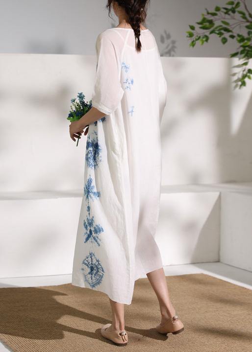 Handmade white print linen clothes For Women o neck half sleeve A Line summer Dresses - SooLinen
