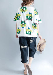 Handmade white prints cotton crane tops o neck Art summer shirt - SooLinen