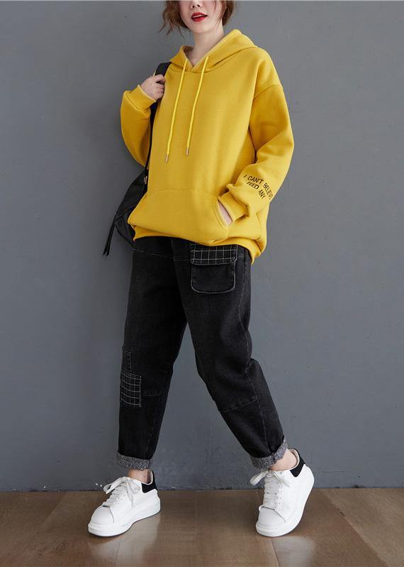 Handmade yellow Letter top hooded drawstring shirts - SooLinen