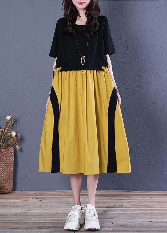 Handmade yellow cotton clothes For Women o neck patchwork cotton summer Dresses - SooLinen