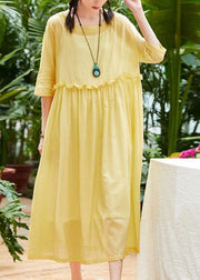 Handmade yellow cotton linen clothes o neck half sleeve Maxi summer Dresses - SooLinen