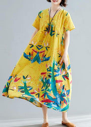 Handmade yellow prints cotton clothes For Women v neck Maxi summer big hem Dresses - SooLinen