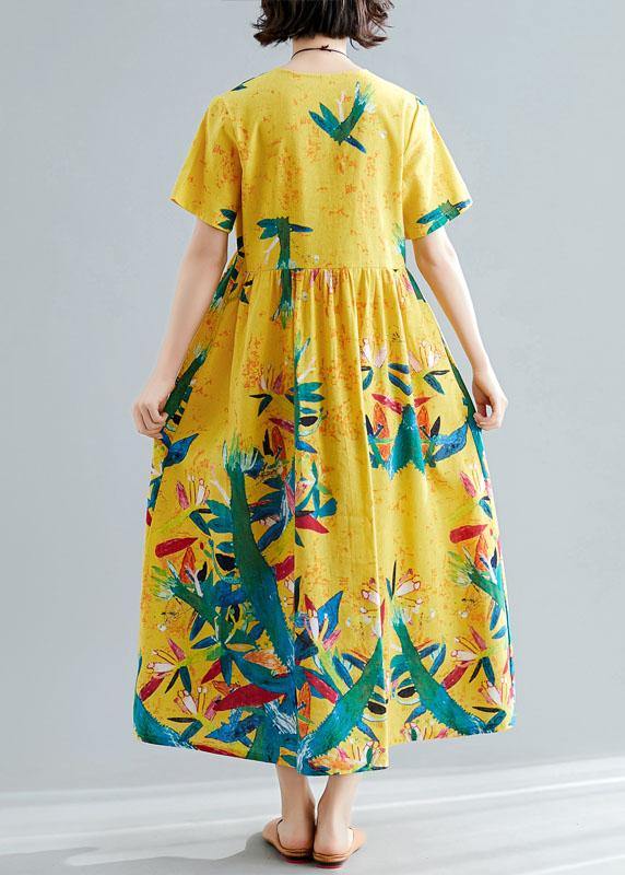 Handmade yellow prints cotton clothes For Women v neck Maxi summer big hem Dresses - SooLinen