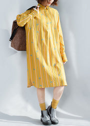 Handgemachte gelb gestreifte Baumwollkleidung für Frauen Korea Fotografie Revers Button Down Plus Size Frühlingskleid