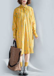 Handmade yellow striped Cotton clothes For Women Korea Photography lapel Button Down Plus Size spring Dress