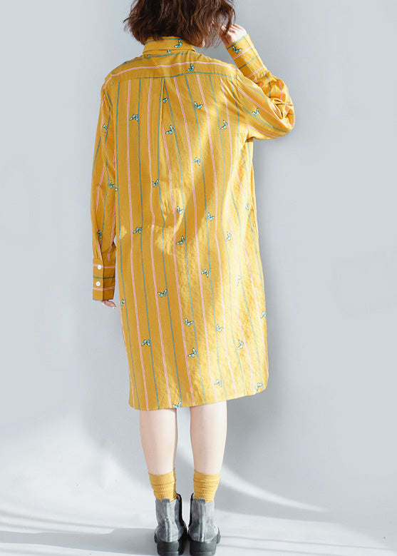 Handgemachte gelb gestreifte Baumwollkleidung für Frauen Korea Fotografie Revers Button Down Plus Size Frühlingskleid