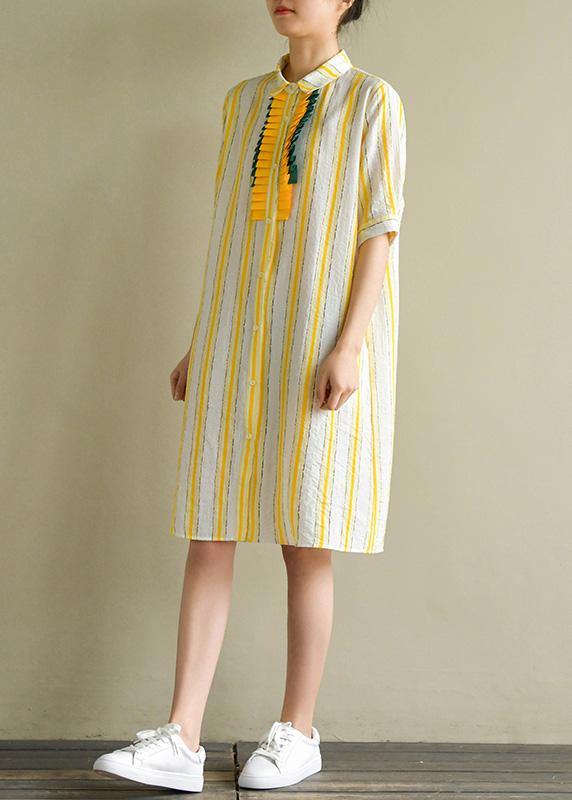 Handmade yellow striped linen Robes lapel Button Down Plus Size summer Dress - SooLinen