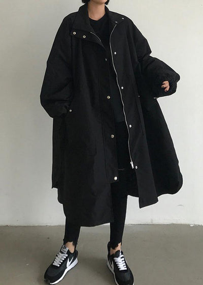 Handmade zippered Fashion lapel collar crane coats black baggy women coats - SooLinen