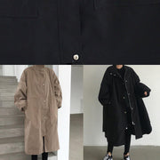 Handmade zippered Fashion lapel collar crane coats black baggy women coats - SooLinen