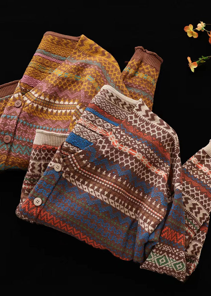 Handgemachte khakifarbene lockere Herbst-Strickjacke mit V-Ausschnitt und Knopfdruck, lange Ärmel