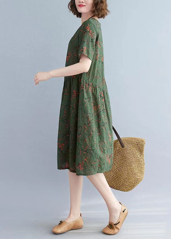 Handmade o neck drawstring Cotton clothes Women Wardrobes green print Dresses summer