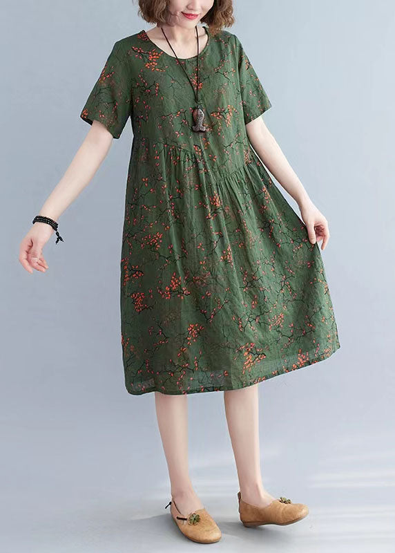 Handgefertigter O-Ausschnitt Kordelzug Baumwollkleidung Damen Kleiderschränke grüner Druck Kleider Sommer