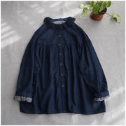 Handmade o neck embroidery crane tops Christmas Gifts blue blouse