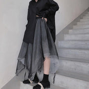 Heavy Industry Color Matching Mesh Irregular Hem Semi Black Skirt - SooLinen
