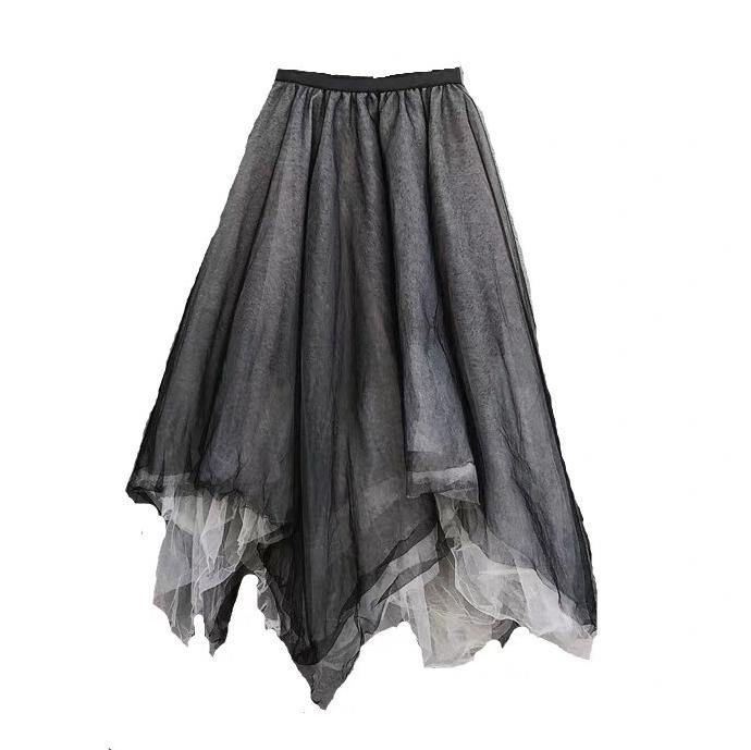 Heavy Industry Color Matching Mesh Irregular Hem Semi Black Skirt - SooLinen