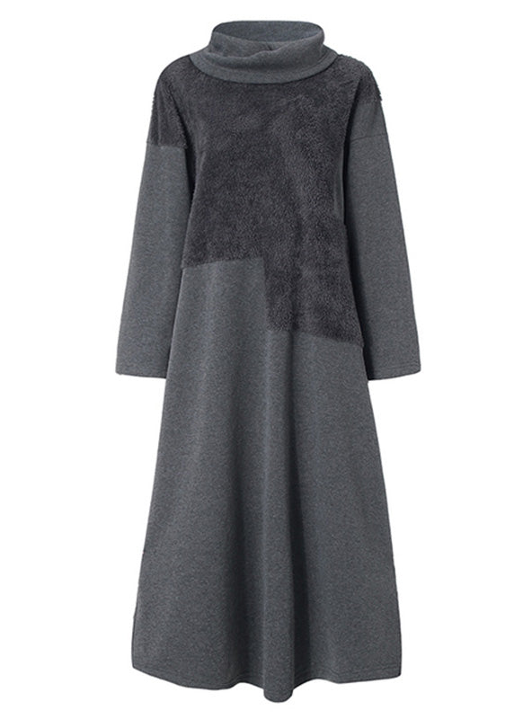 High Neck Grey Plush Panel Long Sleeved Dress Spring