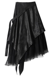 High Waist Spring Pu Stitching Lace A-line Skirt - SooLinen