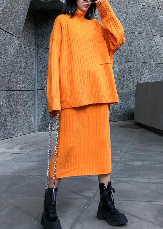 High neck sweater suit skirt two-piece long over-the-knee temperament autumn and winter knitted skirt - SooLinen