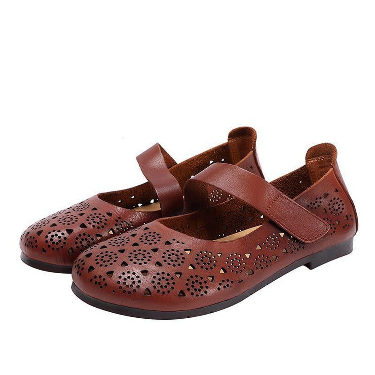 Hollow Out Brown Flat Feet Shoes Buckle Strap Flat Shoes - SooLinen