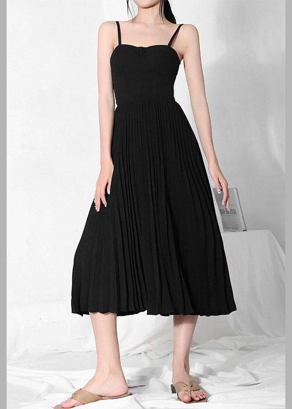 Hot Black wrinkled Patchwork Chiffon Long Dress - SooLinen