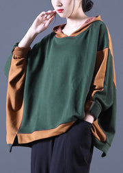 Hot Tea Green Hooded Patchwork Loose Fall Sweatshirts Top