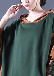 Hot Tea Green Hooded Patchwork Loose Fall Sweatshirts Top