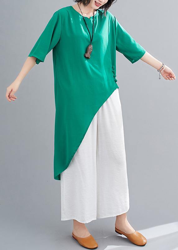 Irregular cotton linen green two-piece five-point sleeve V-neck T-shirt wide-leg pants - SooLinen