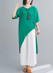Irregular cotton linen green two-piece five-point sleeve V-neck T-shirt wide-leg pants - SooLinen