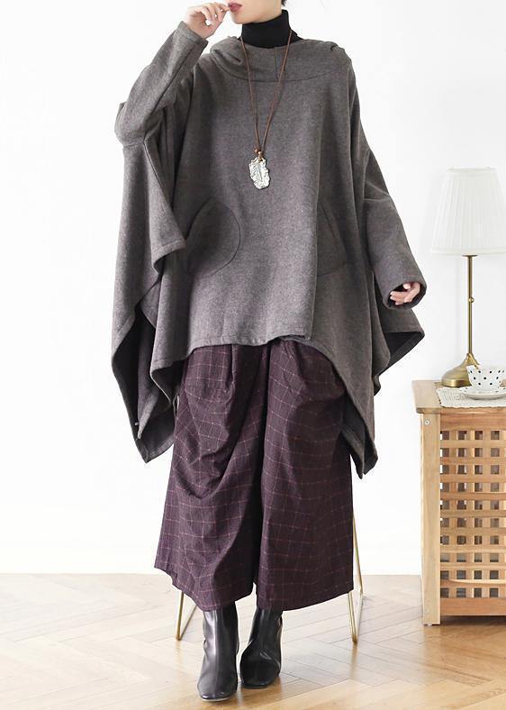Irregular gray pullover loose large size cotton sweater coat personalized knitted top - SooLinen