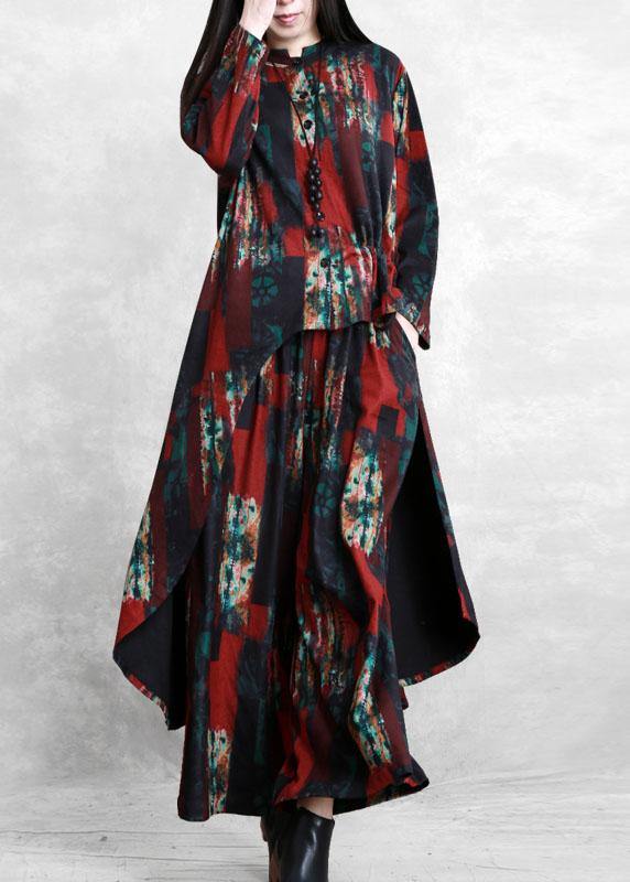 Irregular red print suit women pleated casual two-piece suit - SooLinen